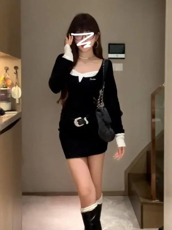 Hebe Style Fake Two-Piece Wrap around Skirt Women's Autumn Winter New High Waist Slim Fit Dress Coat Matching High Waist Skirt
