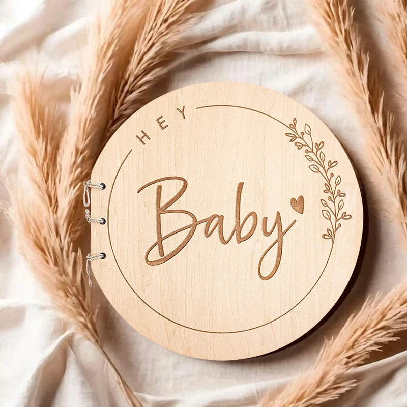 Wooden Circular Cover Message Book for Baby Baptism Record Book for Children with 20 White Cards Birthday Signature Guest Books