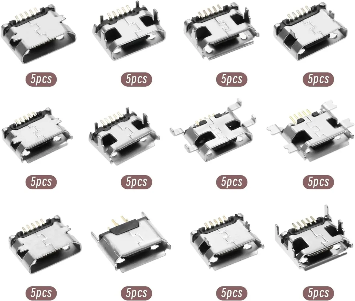 60Pcs 12 Types Micro USB SMT Socket Kit, 5Pin Female Charging Port Connector for Phone Tablet Repair