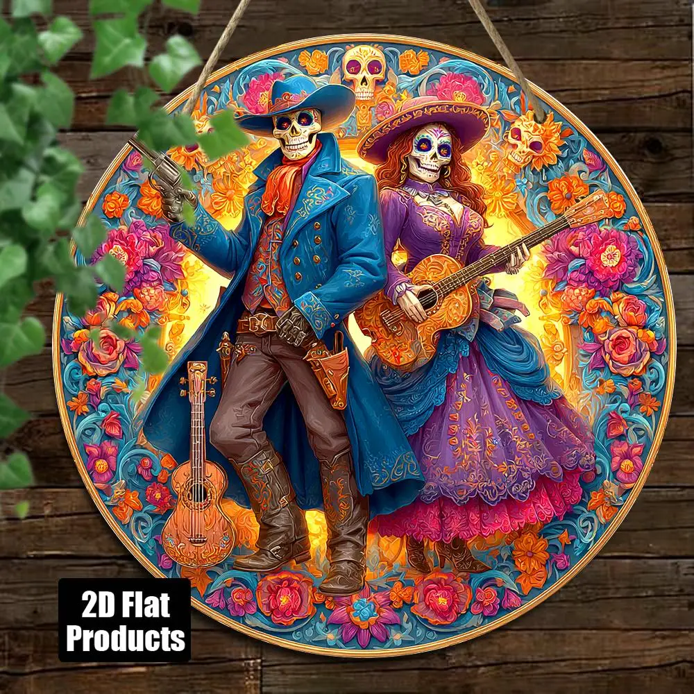 2D flaches 1 mexikanisches Day of the Dead Cowboy-Rundschild aus Holz – Gitarre, Blumen- und Totenkopf-Design, Tag der Toten-Dekoration