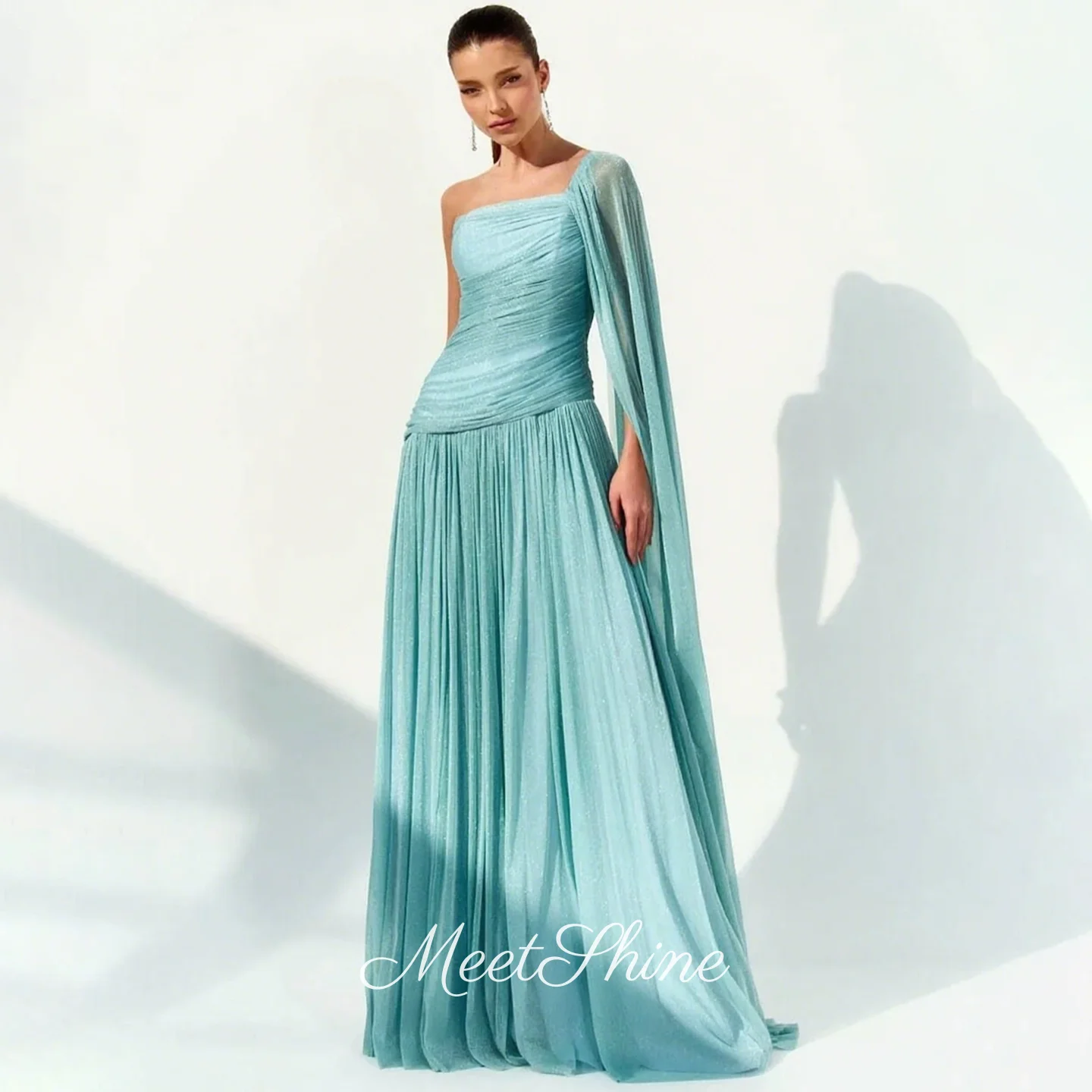 

Современное тюлевое вечернее платье трапециевидной формы на одно плечо со складками без бретелек и шалью, сверкающее арабское вечернее свадебное платье для выпускного вечера по индивидуальному заказу