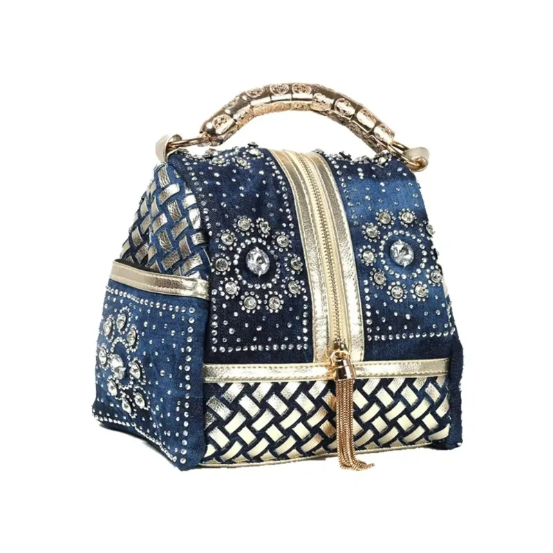 2024 New Women\'s Denim Bag Canvas Woven Diamond Barrel Tassel Bag Shoulder Messenger Bag