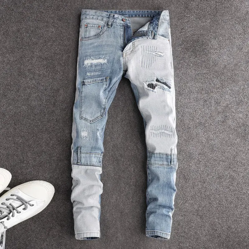 

Streetwear Fashion Men Jeans Retro Light Blue Elastic Slim Fit Ripped Jeans Men Spliced Designer Embroidery Hip Hop Denim Pants