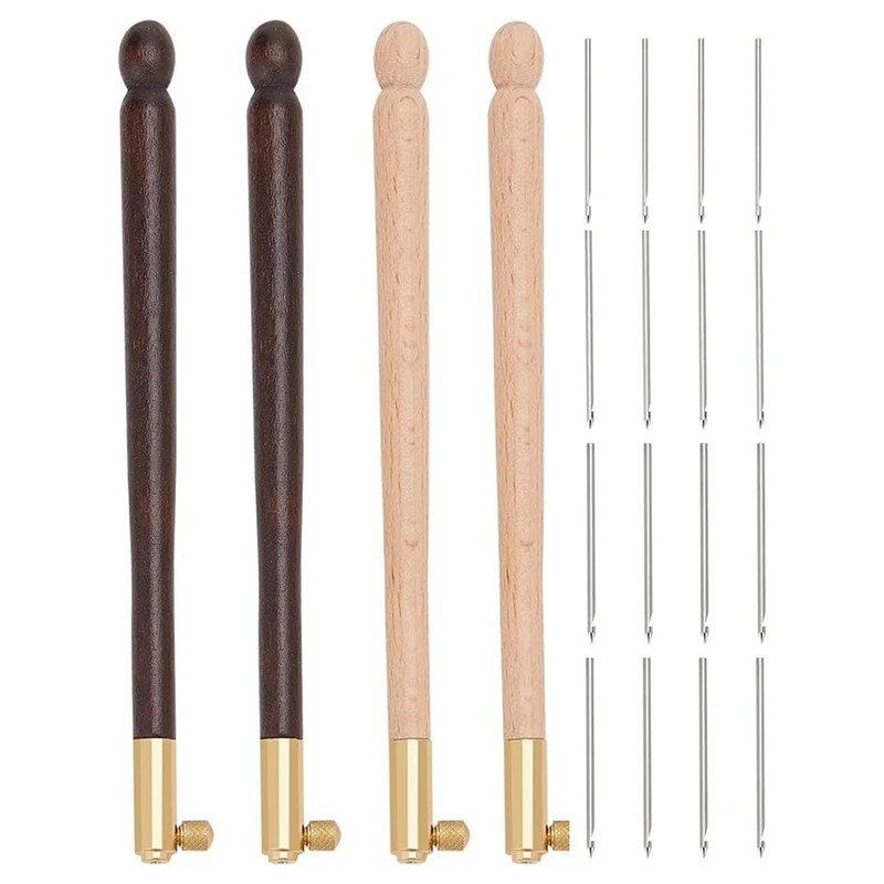 4 Pcs Tambour Hooks Kit With 12 Needles, Embroidery Crochet Hooks Wooden Handle Sequin Beads Needle Set