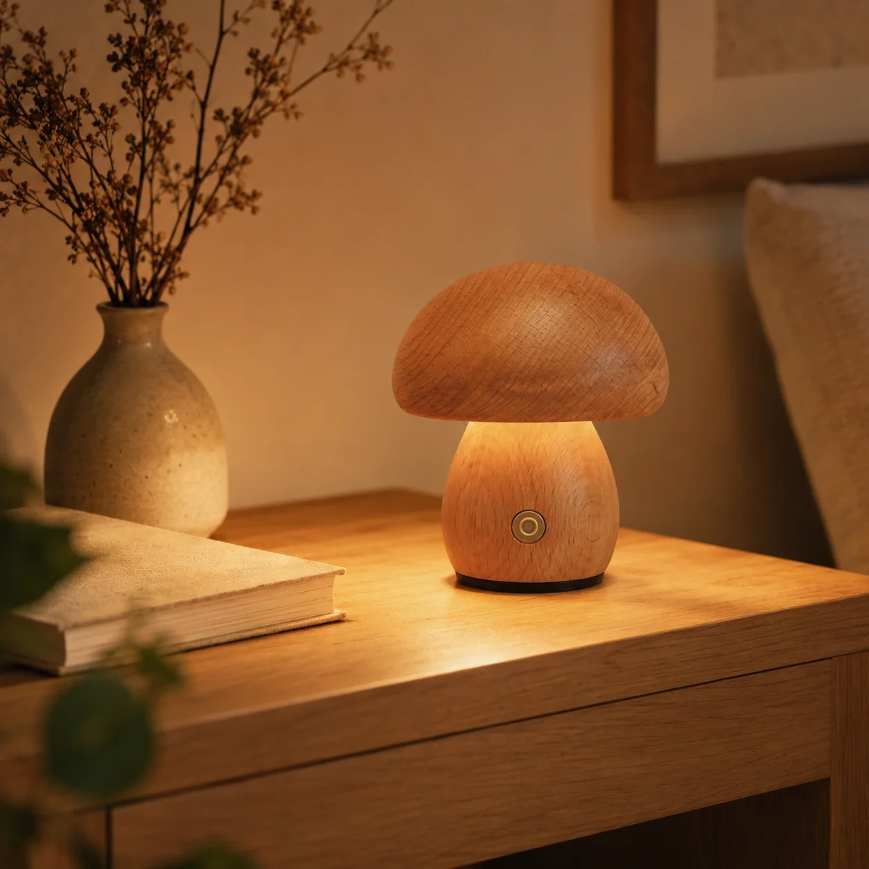 

Mushroom Table Lamp Wood LED Night Light Touch Switch Dimmable Warm USB Rechargeable Bedroom Bedside