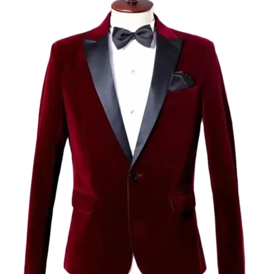 2024 Slim Fit Burgundy Peak Lapel Men\'s Suits One Button Velvet Formal Party Male Clothing Skinny Elegant Jacket 1 Piece Blazer