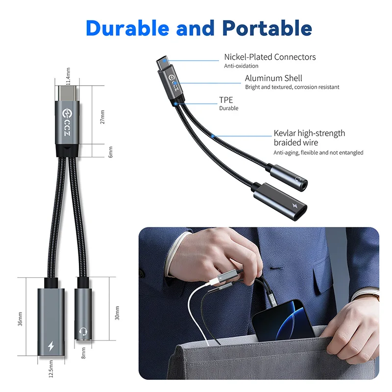 USBC Splitter 1 in 2 Out USB C DAC to 3.5mm Headphone and Charger Adapter CCZ CA01 Dongle Audio Cable with PD 15W Charging