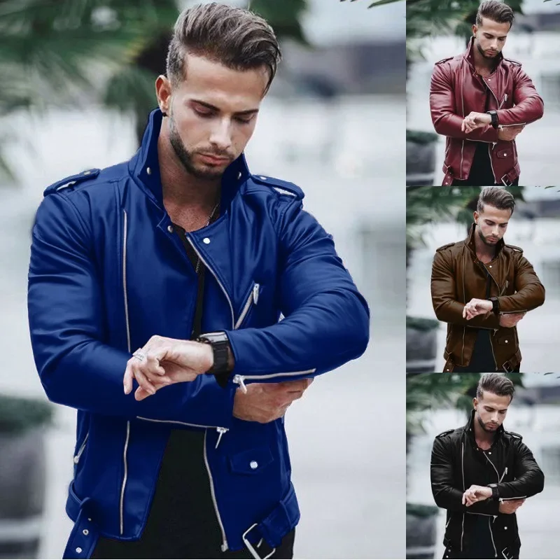 New autumn and winter men Pu leather coat large size standing collar fashion slim zipper leather jacket