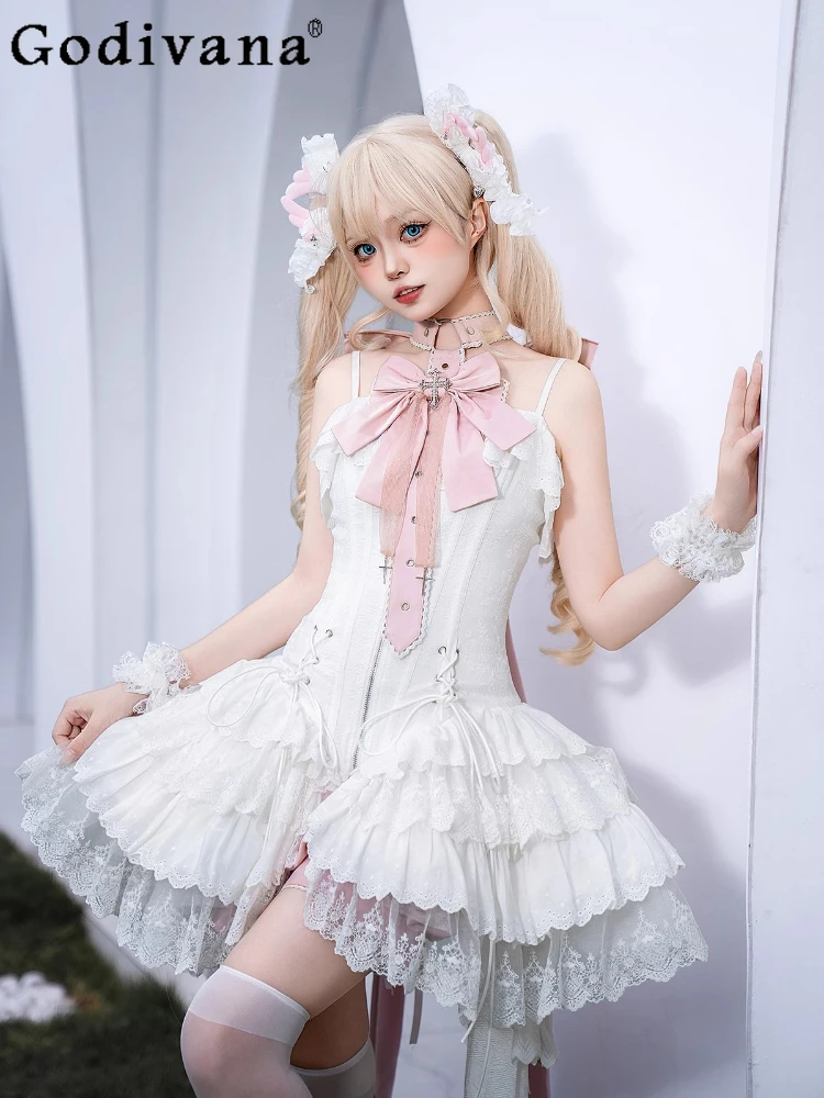 Sweet Girls Big Satin Bow Ribbon Fishbone Lace Dress Lolita Ballet Style Summer Women's Elegant Cla Princess Jsk Suspender Dress
