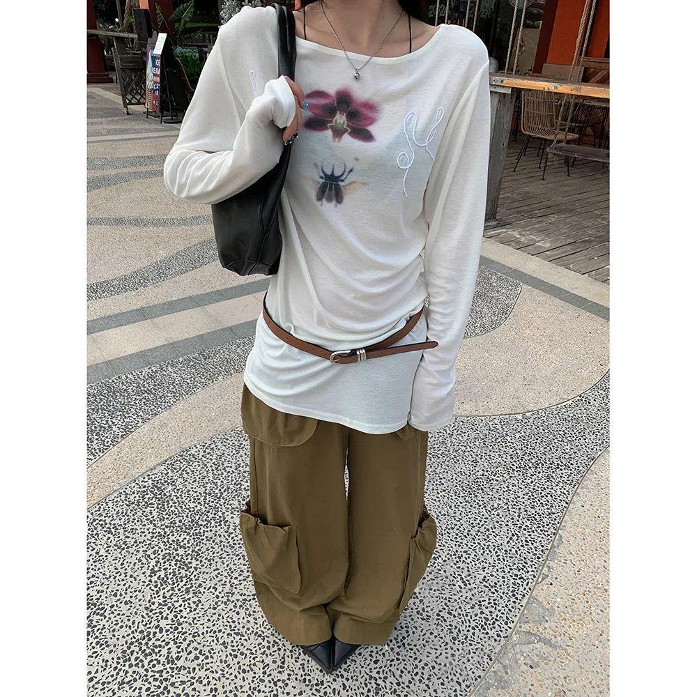 Onalippa Fashion Printed Lazy Style Off Shoulder T-shirt Slightly Transparent Round Neck Design Long Sleeved Base Top 2025 New image 6