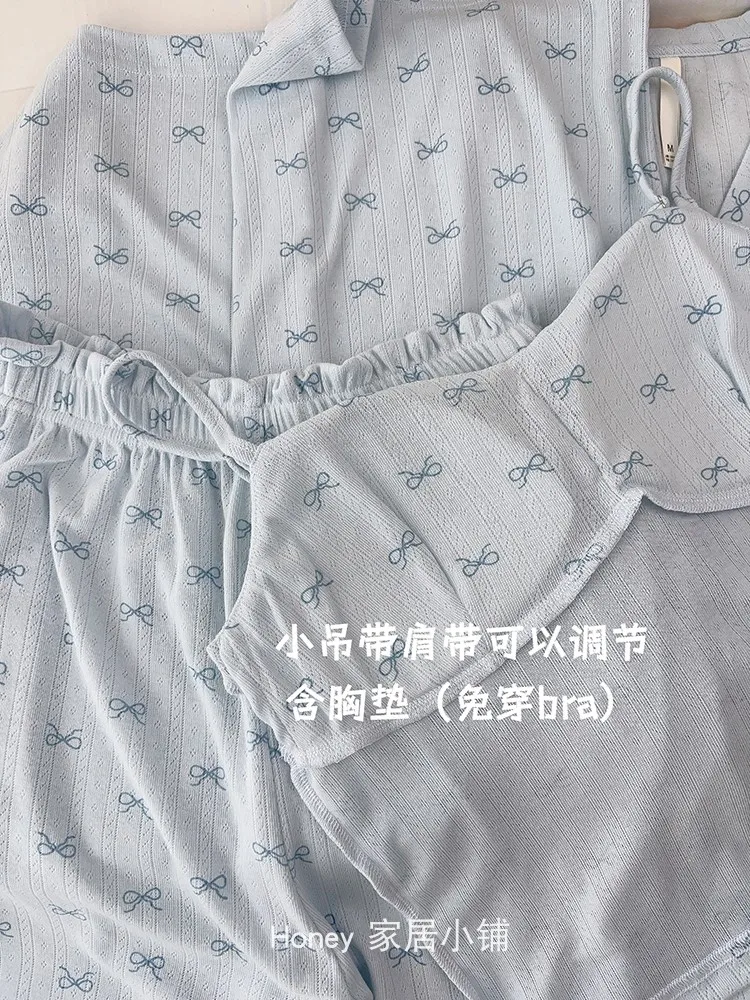 Japanese Sweet Girl Comfortable Bow Long-sleeved Pajamas Skin-friendly Breathable Casual Suspender Loungewear Three-piece Set