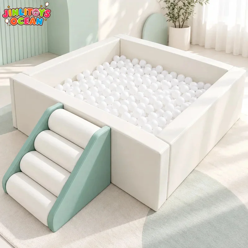 Premium White Pastel Green Soft Play Ball Pit With Roller Steps Custom Kids Ocean Ball Pool Indoor Outdoor Playground Equipment