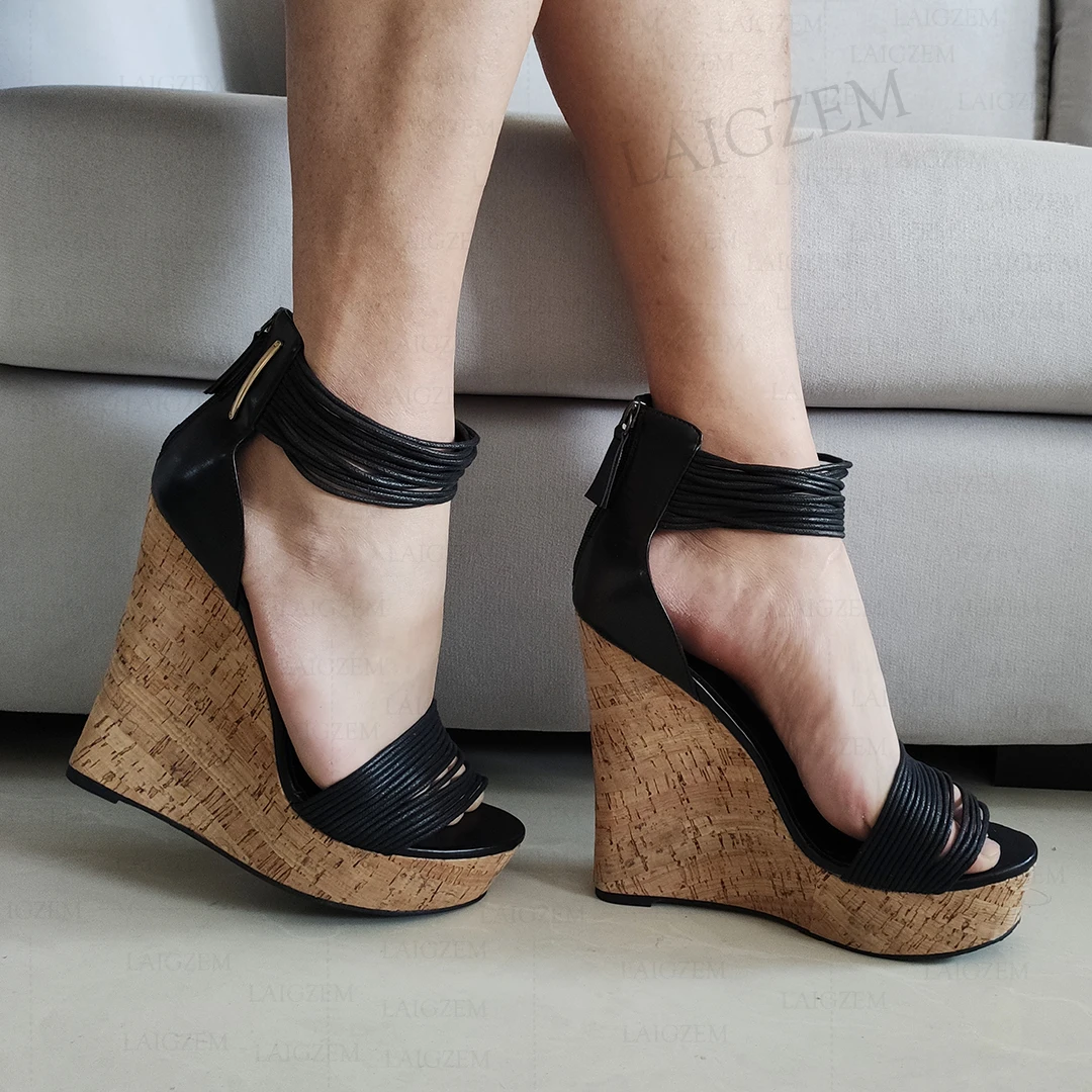 

LAIGZEM Women Platform Sandals Back Zip Up Wedges Pumps Straps Open Toe Cosplay Party Summer Shoes Woman Big Size 37 41 43 45