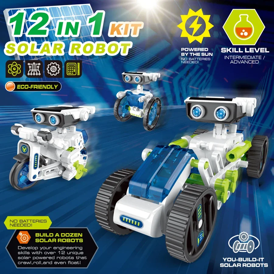 Zestaw Robotów Solarnych STEM 12 w 1, Zabawka Edukacyjna do Eksperymentów Naukowych dla Chłopców i Dziewcząt, DIY, Konstrukcja dla Dzieci, Elektryczne Roboty Solarny, Prezent Urodzinowy