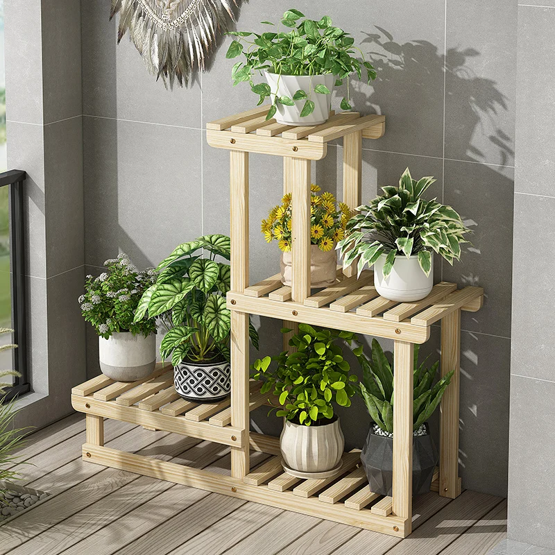 

Solid wood flower stand Floor-to-ceiling living room Movable pastoral green plant rack Balcony Bonsai wooden frame Flower rack