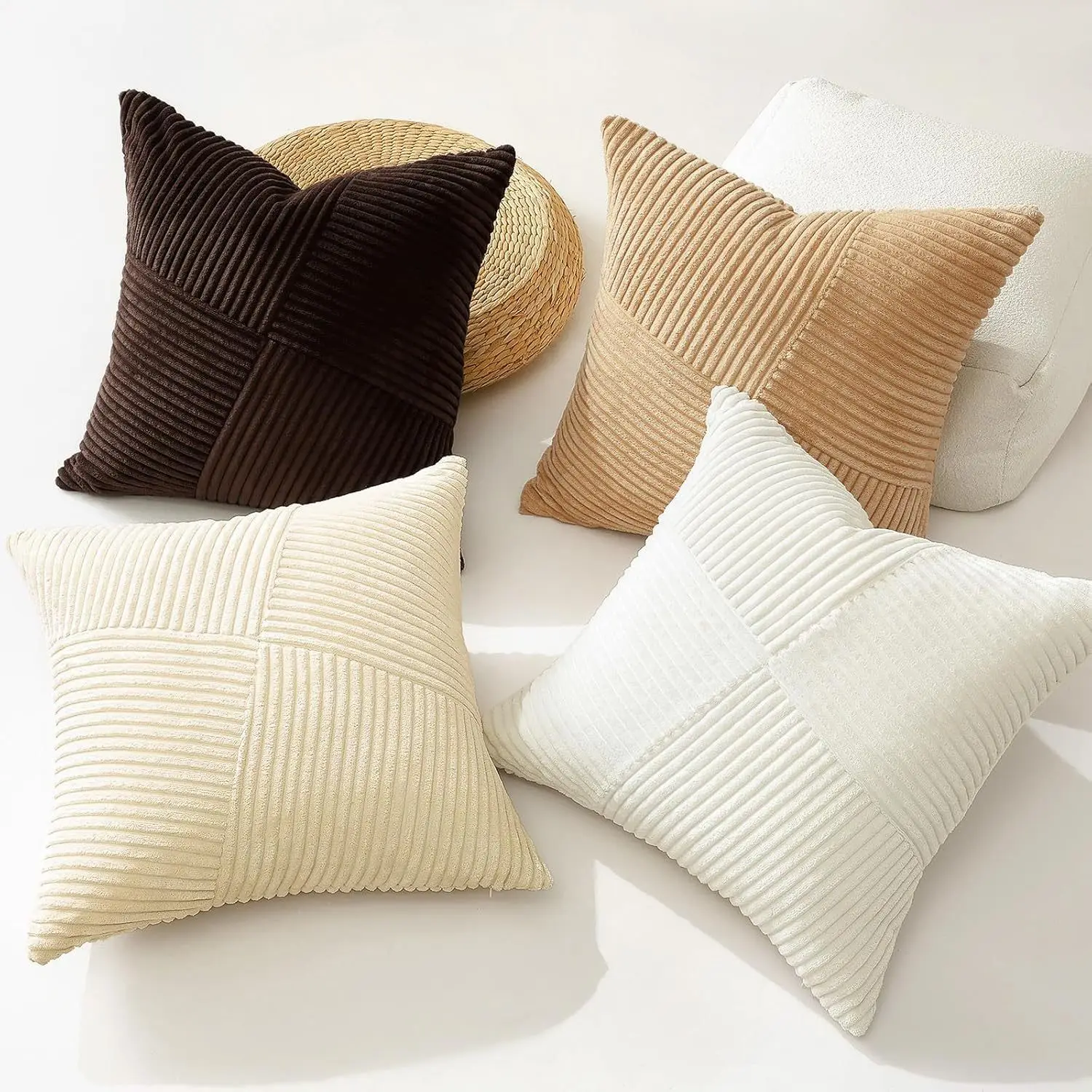 Solid Cozy Corduroy Cushion Cover with Patchwork Orange Blue White Ivory Green For Home Decor 16x16