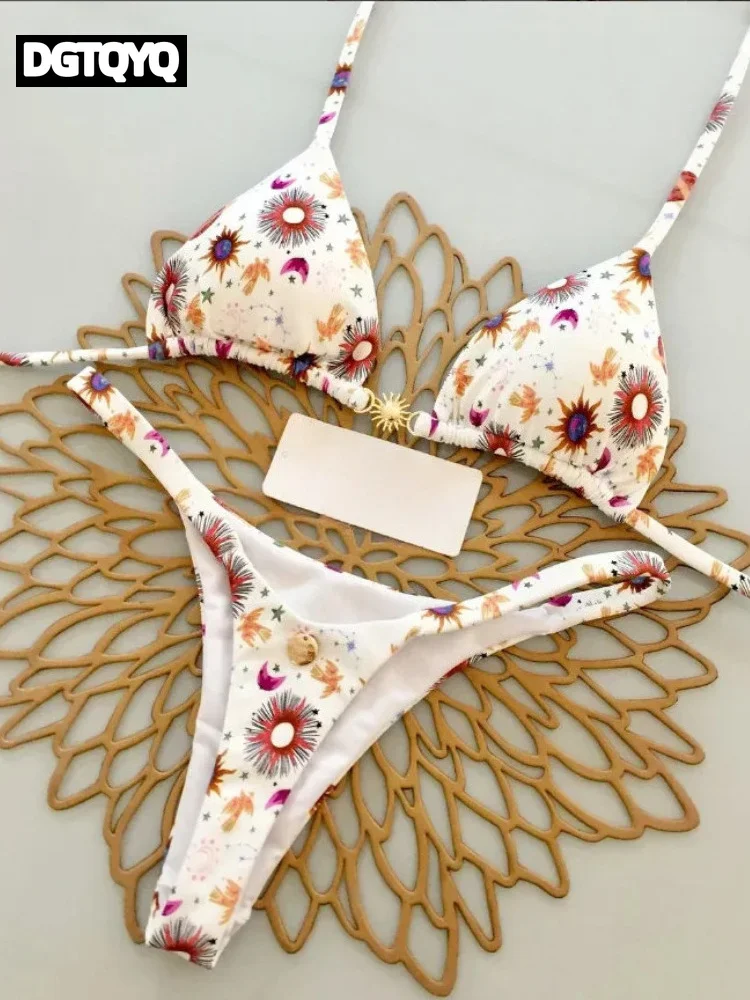 Print Sexy Bikini Sets Halter Lace-up Tops Thongs Beach Style Bathing Suit Y2k Swimsuits Women Beachwear Купальник Женский