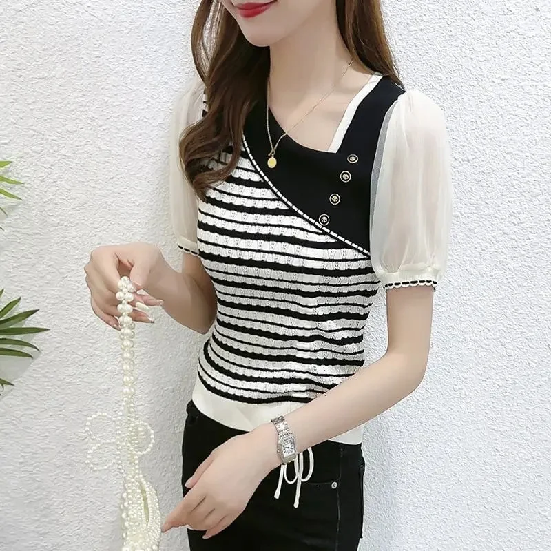 Drawstring Ice Silk Knitwear Short-Sleeved Women 2024 Summer New Striped Bottoming Shirt Diagonal Neck T-Shirt Slim Top Women