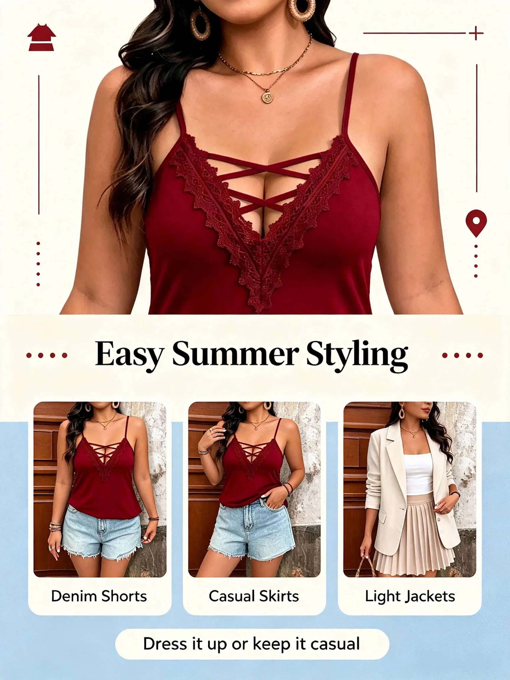 Damen Plus Size Spitzenbesatz Crisscross V-Ausschnitt Cami-Top Verstellbare Spaghettiträger A-Linie Lässiges Ärmelloses Tanktop – Detail 5
