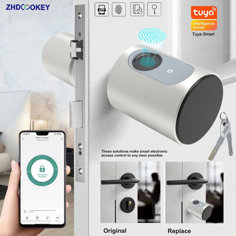 

Smart Lock Cylinder Tuya Bluetooth Europe Biometric Fingerprint RFID Card APP Key DIY Adjustable Core Size Electronic Door Locks