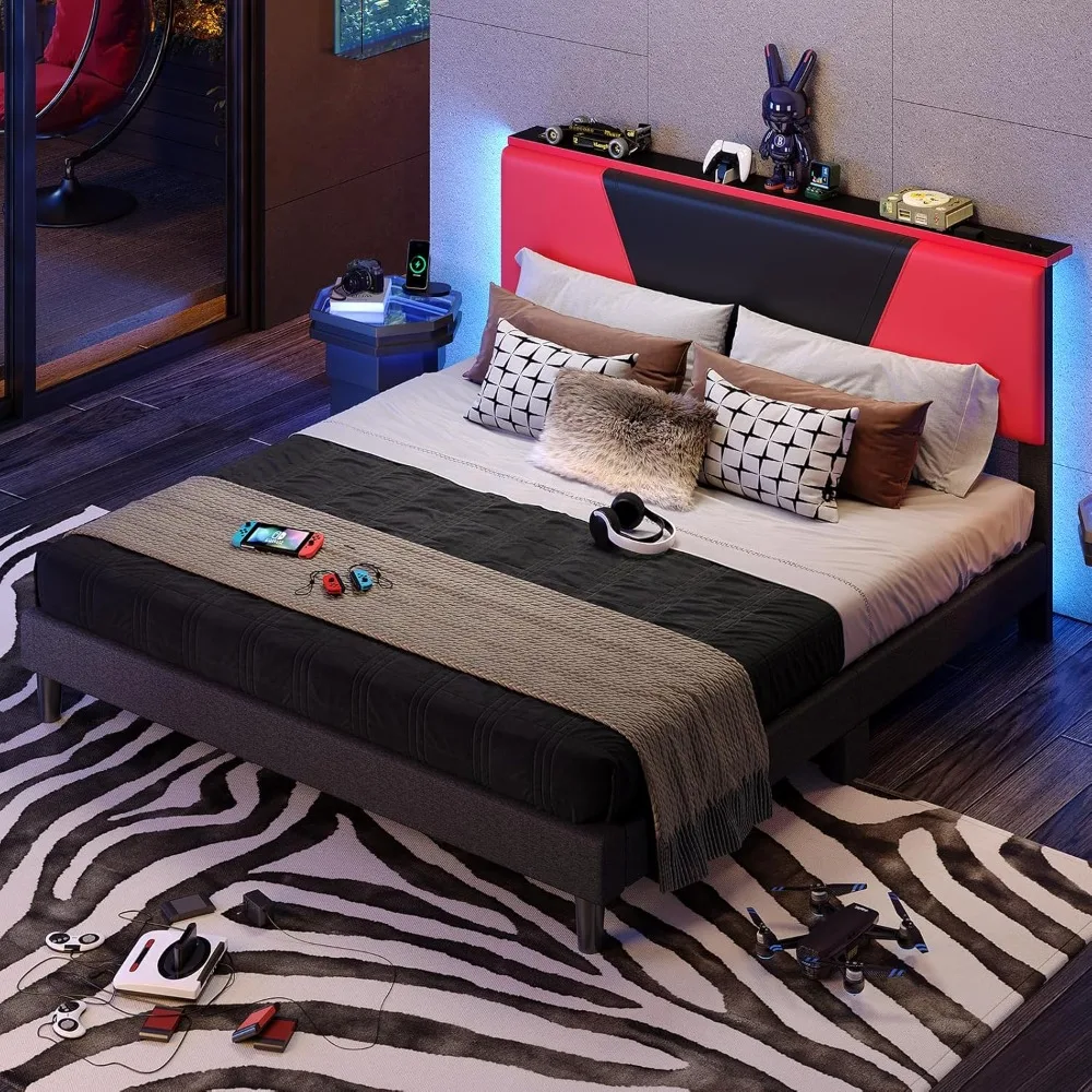 

Bestier King Bed Frame with Headboard and LED Light, Faux Leather Upholstered Platform Bed with Storage Shelf, Gaming Style Bed