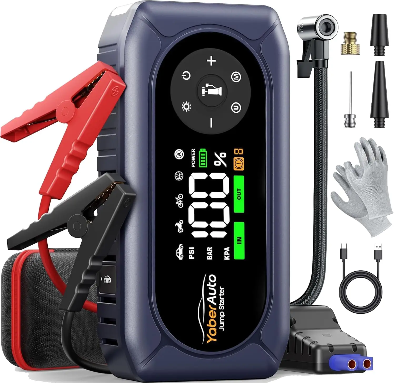 

4500A Peak 9-in-1 Car Jump Starter with Air Compressor, 150PSI Tire Inflator, Power Bank & Emergency Light