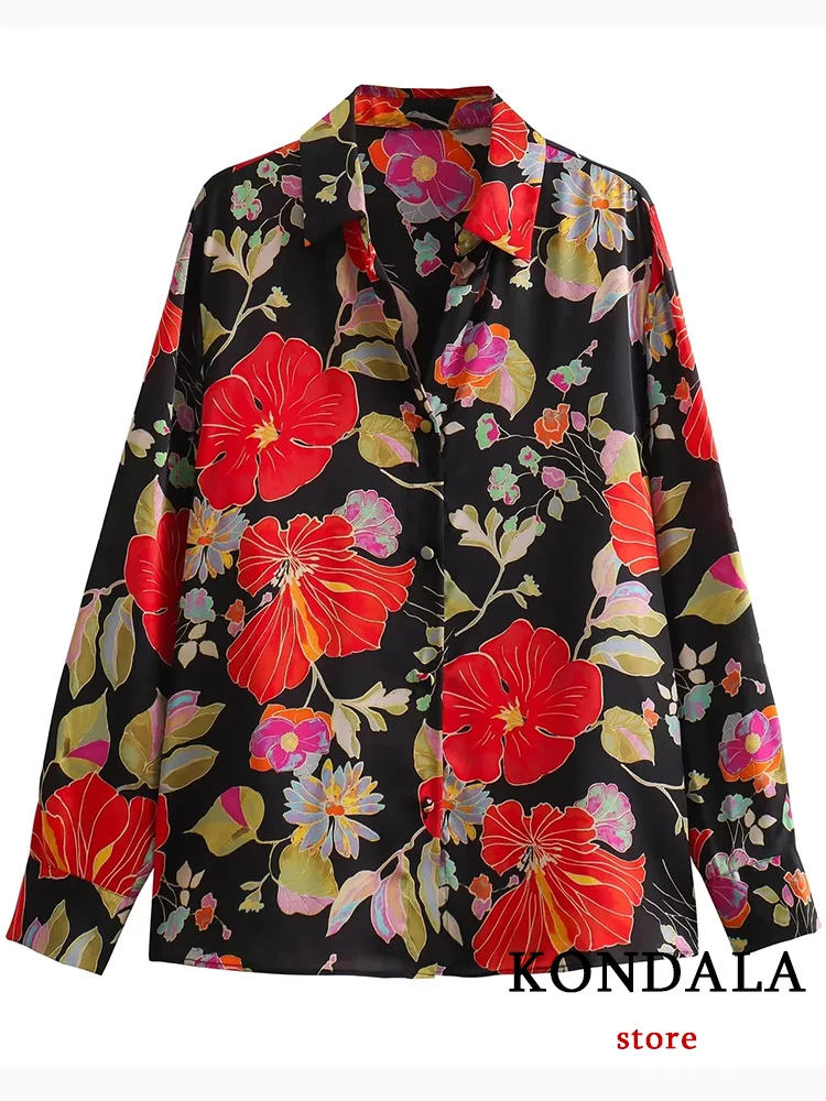 

KONDALA Vintage Flower Print Women Blouse Long Sleeve Turn-down Collar Single Breasted Loose Blouse Fashion 2023 Autumn Shirts