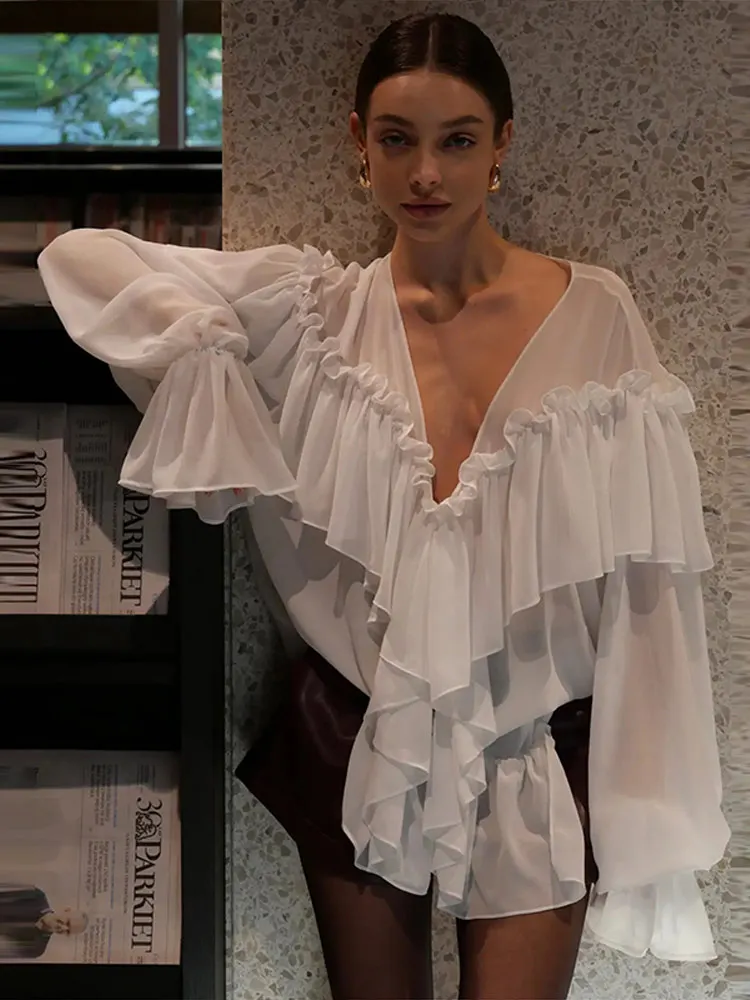 Mesh Sheer Shirt Women Elegant Pleated Layered Deep V Neck Flare Sleeve Pullover Blouse Female 2026 New Commute High Streetwears