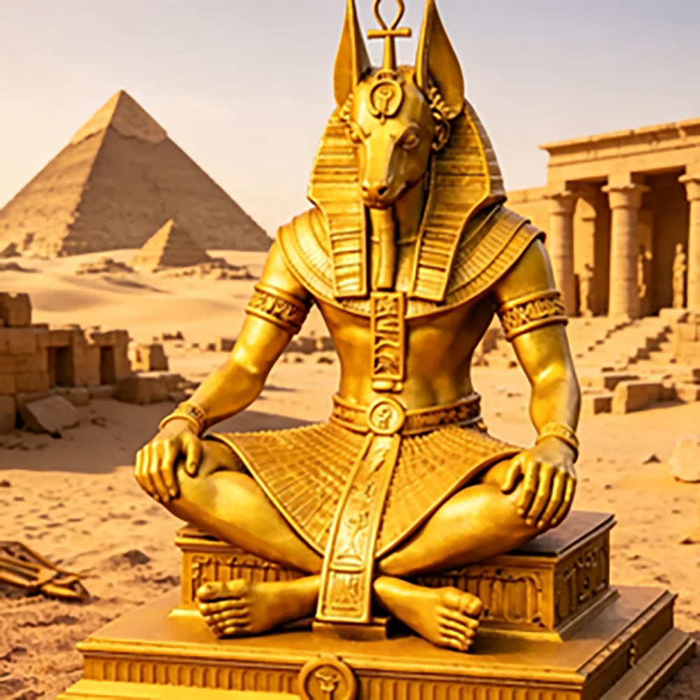 Gold Plated Anubis Guardian Sculpture Ancient Egyptian Jackal God Sitting Statue Spiritual Altar Tabletop Decor Collectible