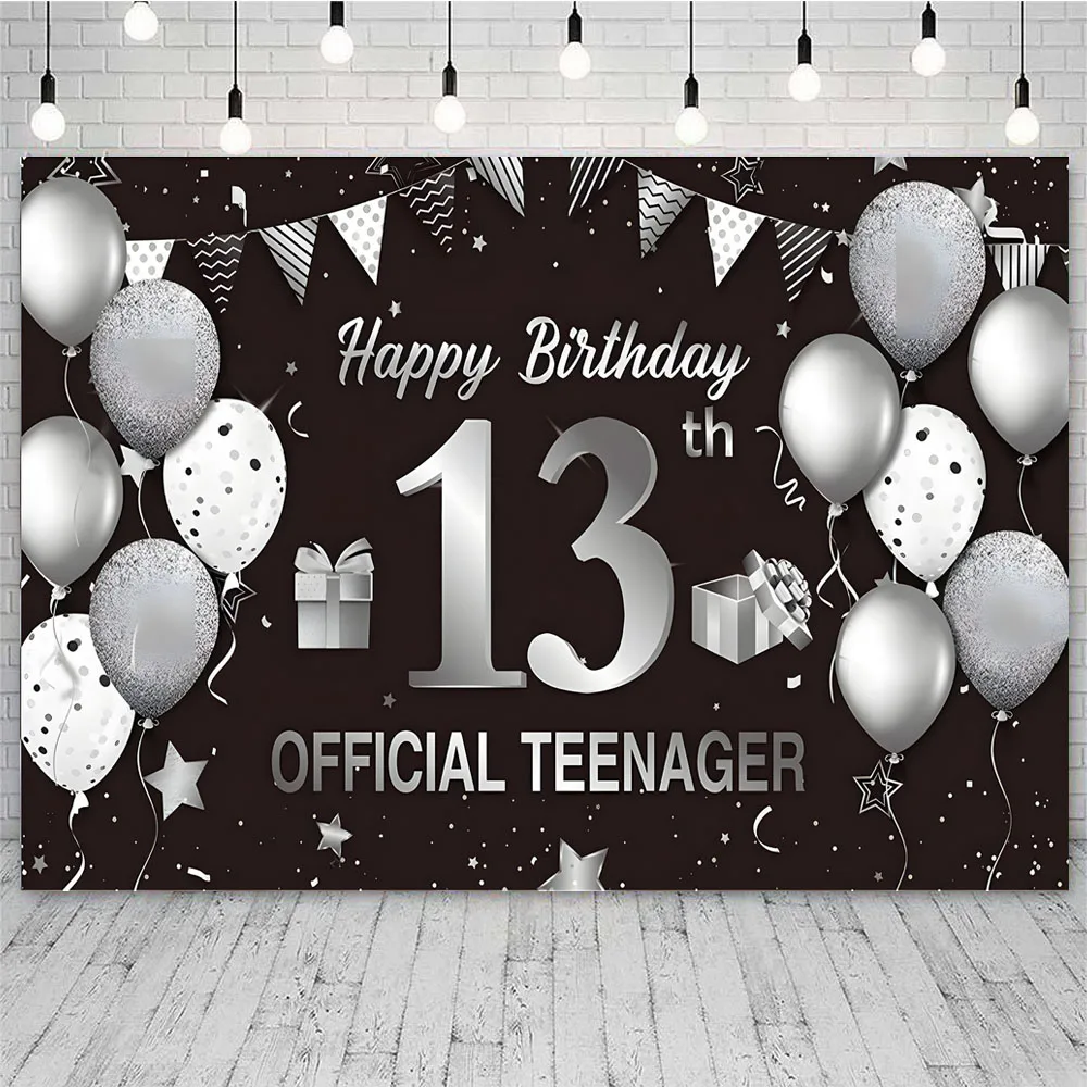 Black Sliver Happy 13th Birthday Backdrop Balloon 13 Years Party Decoration For Jewish Boy Bar Mitzvah Photography Background