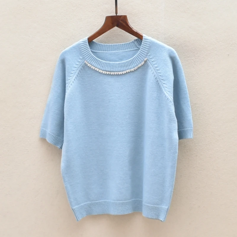 

Мягкий цветной женский вязаный свитер большого размера с круглым вырезом и коротким рукавом, с бисером, весенне-осенний, модный, для повседневной носки, свободного кроя