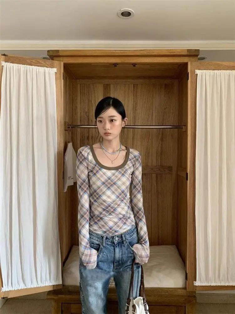 Tonngirls Vintage Plaid T Shirt Women Skinny Tee Tops Streetwear American Retro 90s Crop Tops See Through Tshirts Female Chic