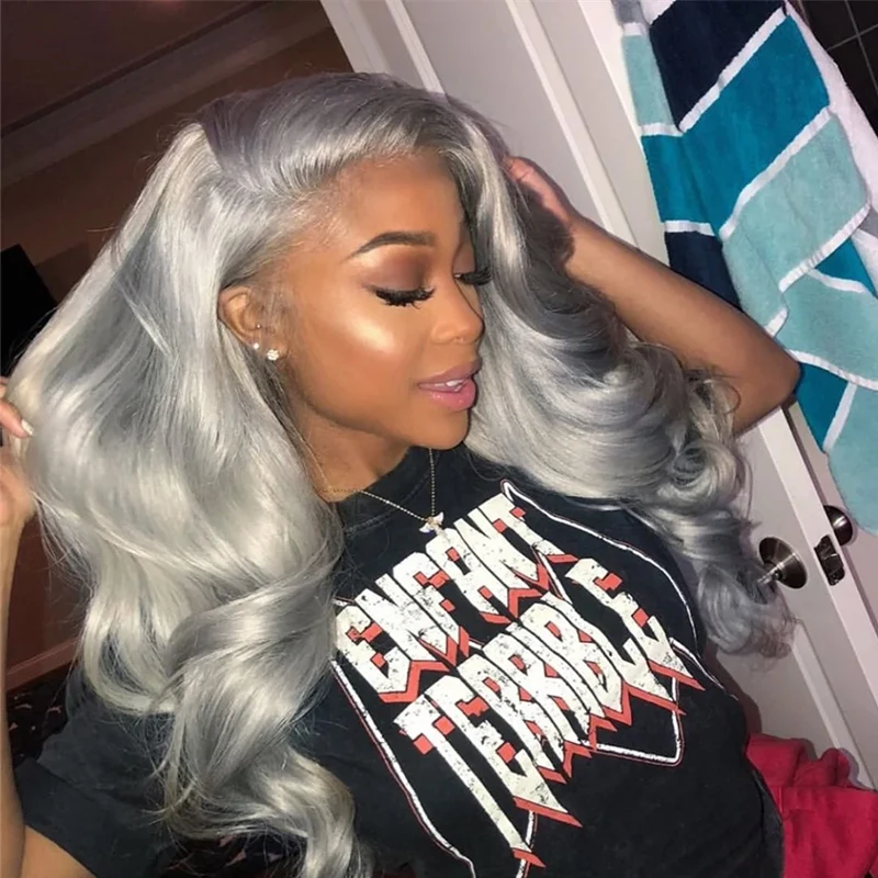 13x4 Gray Lace Front Wig Transparent Lace Frontal Wig Body Wave Brazilian Remy Silver Grey Colored Synthetic Hair Wigs On Sale