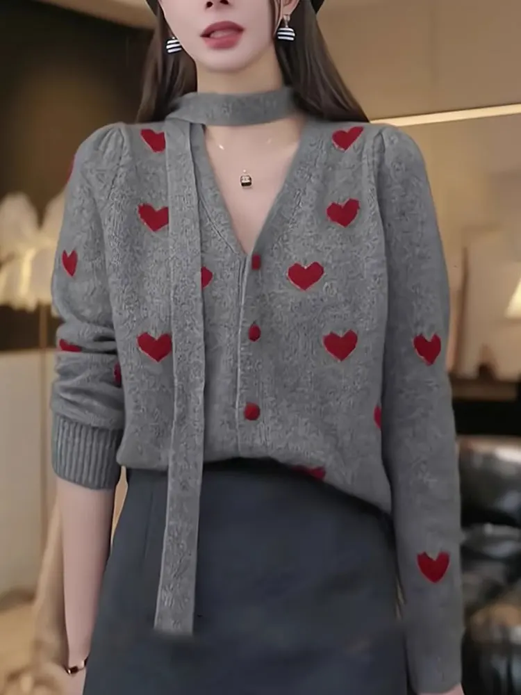 

Unique Long Sve Knitted Open Cardigan Women's Faion Print Hollow out Design Sensation Ele And Age-Defng Sle