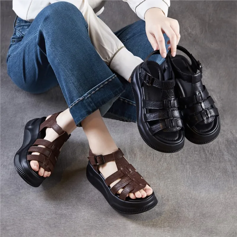 2026 Summer New Roman Sandals Thick Soled Peep Toe Genuine Leather Woven Women's Platform Shoes