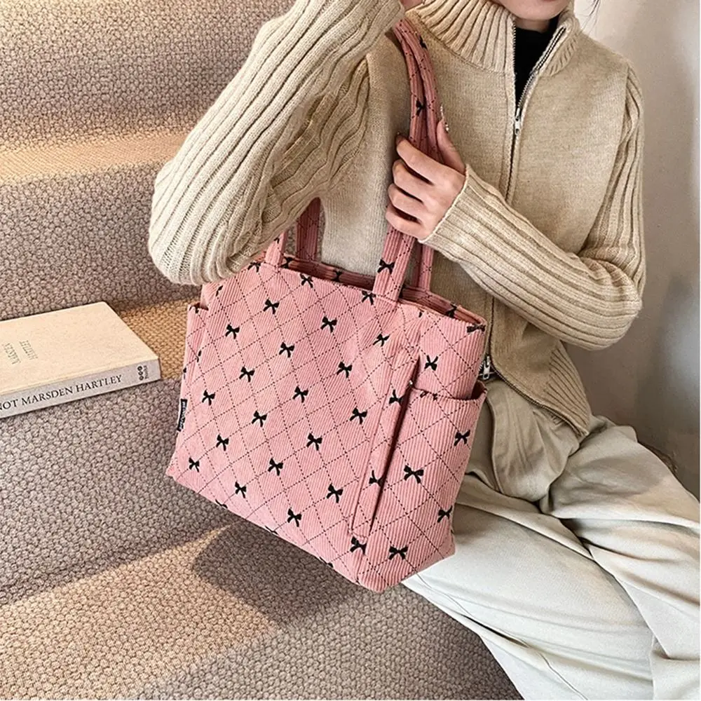 Torba na zakupy z sztruksu w stylu koreańskim z kokardą, podróżna torba na ramię, zapinana na zamek, z wieloma kieszeniami, przenośna torebka.