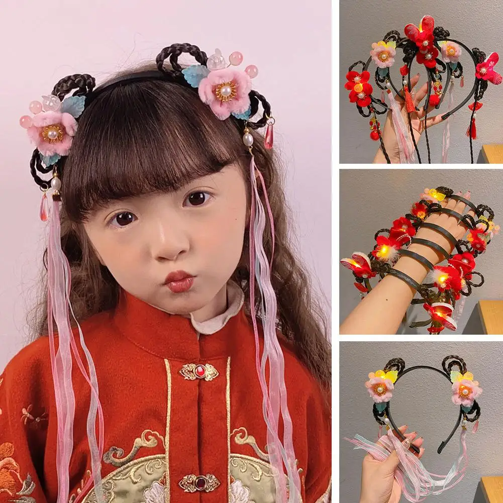 Chinese Style Children's New Year Light Headband Hair Hair Red Decoration Girl Cheongsam Headband Baby Ball Accessories Tas R0U5