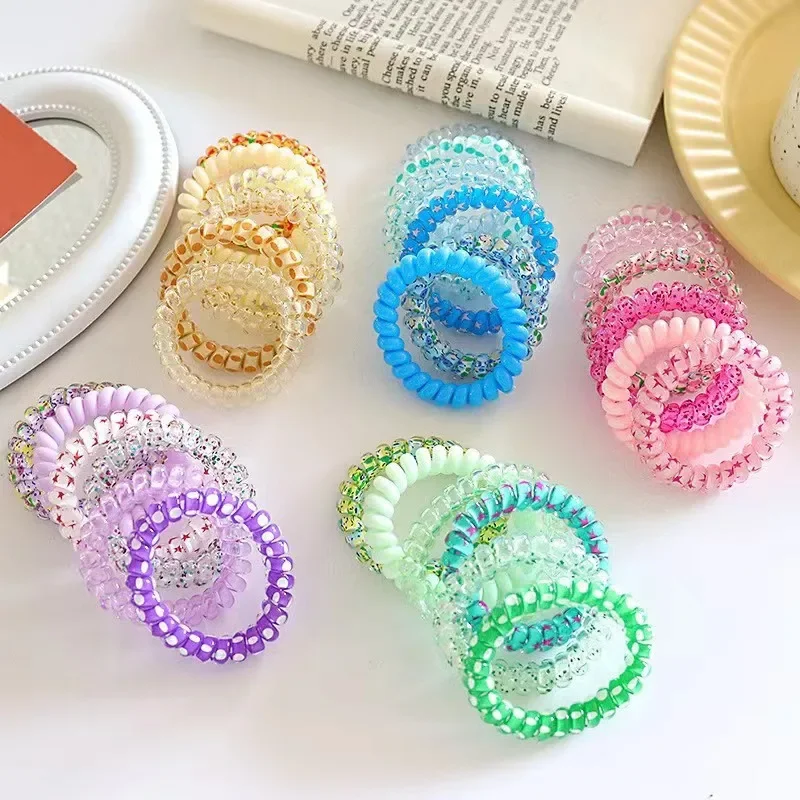 6Pcs/set Candy Color Hair Rope Girl Summer Telephone Wire Elastic Hair Band Frosted Spiral Cord Rubber Hair Tie Stretch Headband