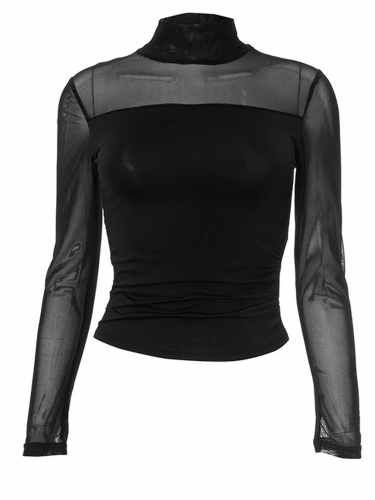 Transparent Mesh T-shirts Women Streetwear Solid Color Aesthetic Clothes Long Sleeve Ropa Mujer Slim Fit Office Lady Outfits