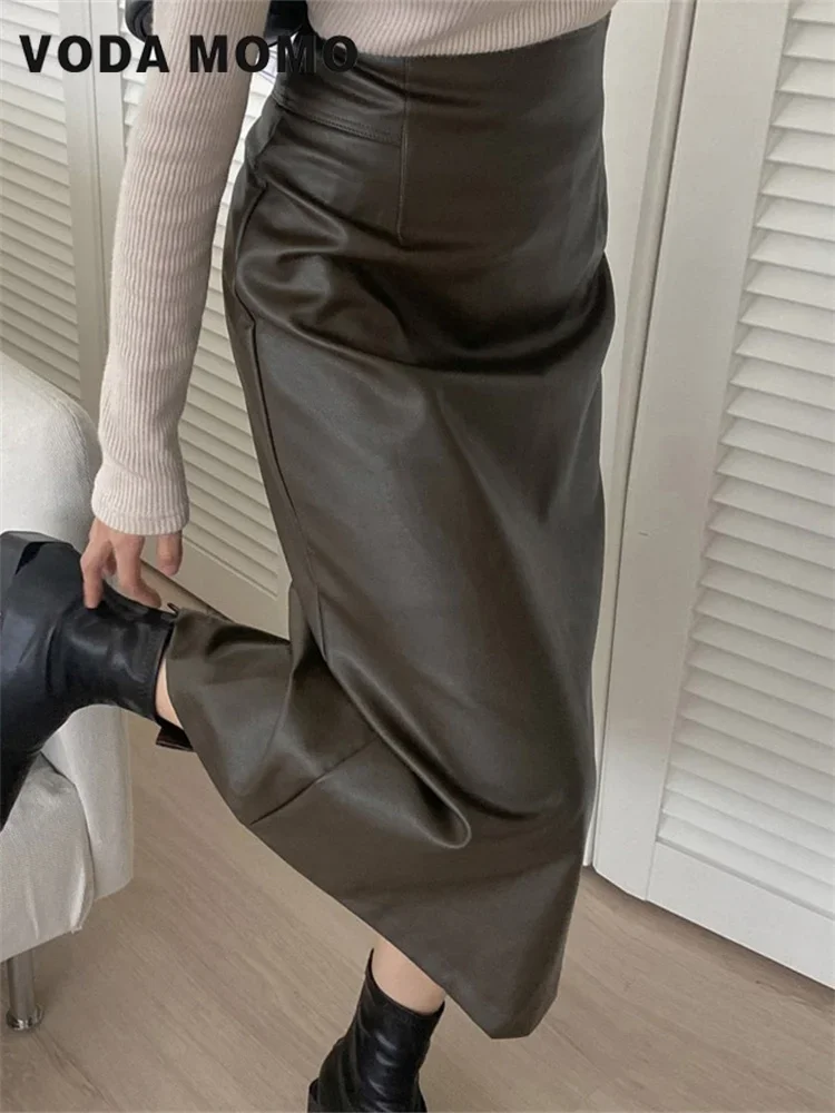 Solid Design Sense Leather Skirt Women's New Fashion Retro All-Matching High-Waisted Slimming Back Slit Temperament Half Skirt