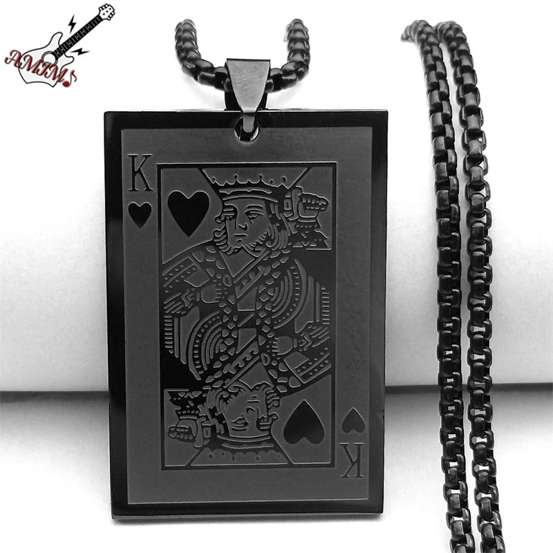 Goth Poker K King Card Necklace for Women Men Stainless Steel Black Color Fortune Playing Cards Lucky Chain Jewelry colar