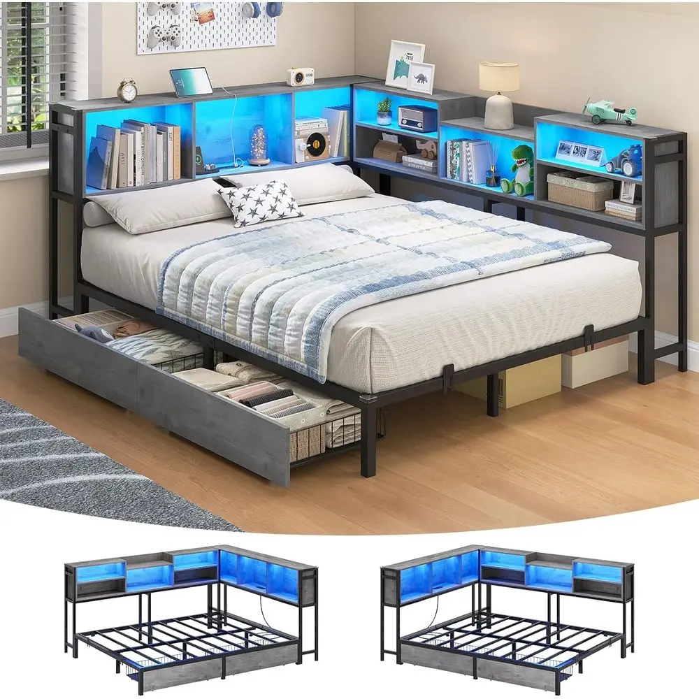 

Gray Oak Full Size Daybed with Storage Drawers, Charging Station, and LED Light for Kids and Teens