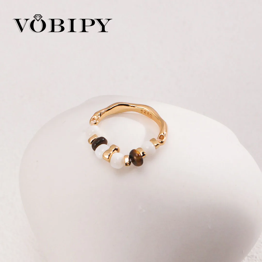 VOBIPY S925 Silver Pearl Balls Stretched Ring for Women Shell Pearl Tiger's eye Adjustable Jewelry Gift Wedding Tail Finger Ring