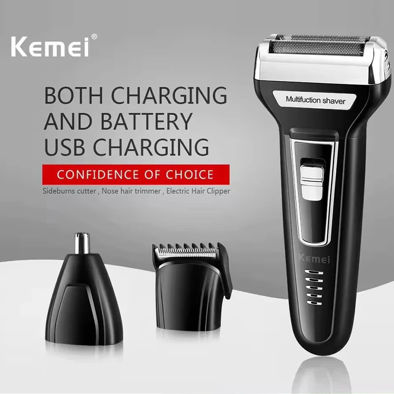 Kemei Multi-functional Waterproof 3 In 1 Grooming Kit Cutter Head USB Beard Men Razor Nose Hair Trimming Electric Shaver KM-6559