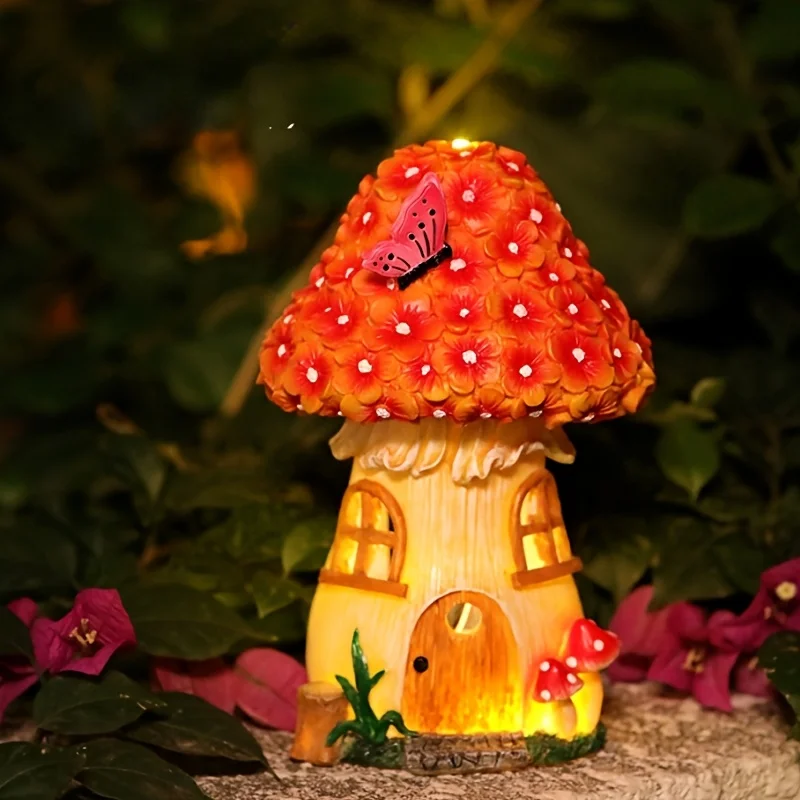 Outdoor Garden Solar Statues Lights, Solar-powered mushroom house night light, Garden Scenery Mushroom with Butterfly House Decoration. for garden, courtyard, and house decoration