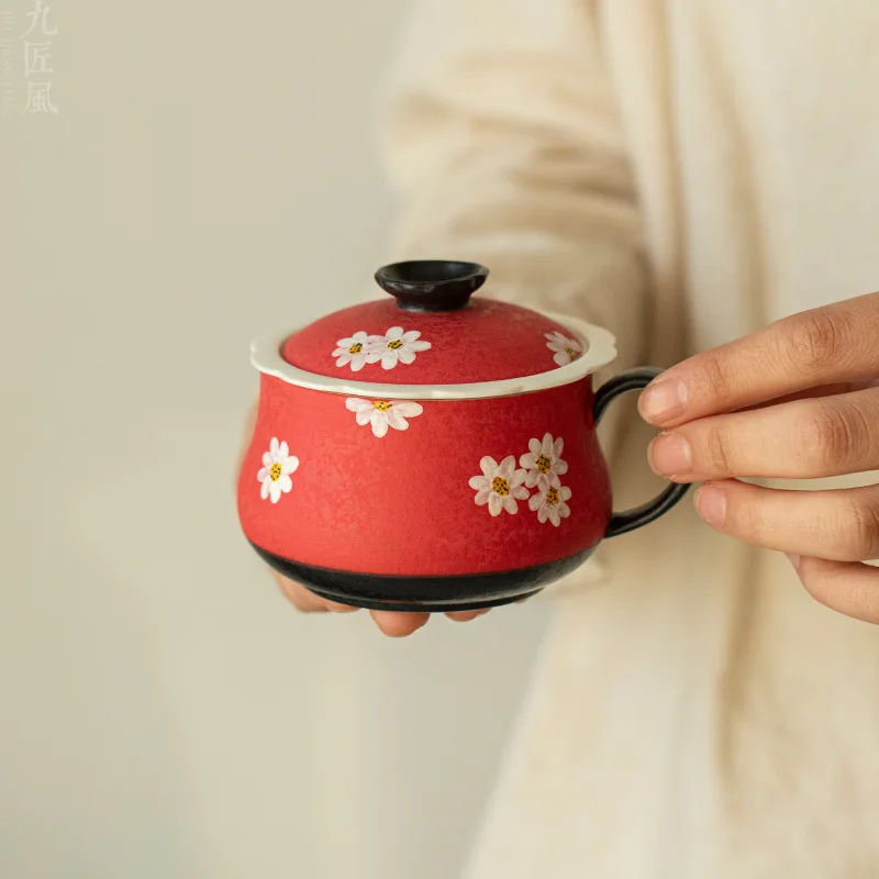 

Hawthorn Red Hand-painted Tea & Coffee Mug - Underglaze Daisy Design Tea Infuser Ceramic Mug for Home & Office Teacup