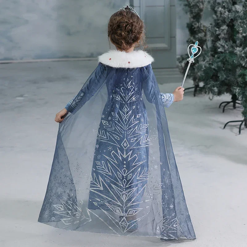 2024 Frozen Elsa Princess Dress Girl Cosplay Costume Birthday Carnival Party Snow Queen Long Sleeve Winter Clothes Kids Outfits