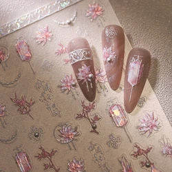 Pink Lotus Nail Art Sticker Design Chinese Red Lantern 5D Nail Sticker Soft Embossed Nail Art Sticker Self-Adhesive Nail Decal