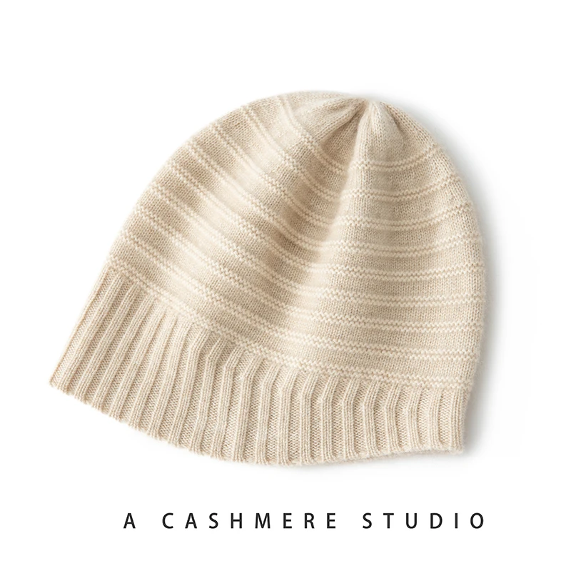 Thick Transverse Lines Women 35 Cashmere Beanies Simple Solid Ribbed Hem Blends Soft Knit Hat Wool Autumn Winter Warm Skull Caps