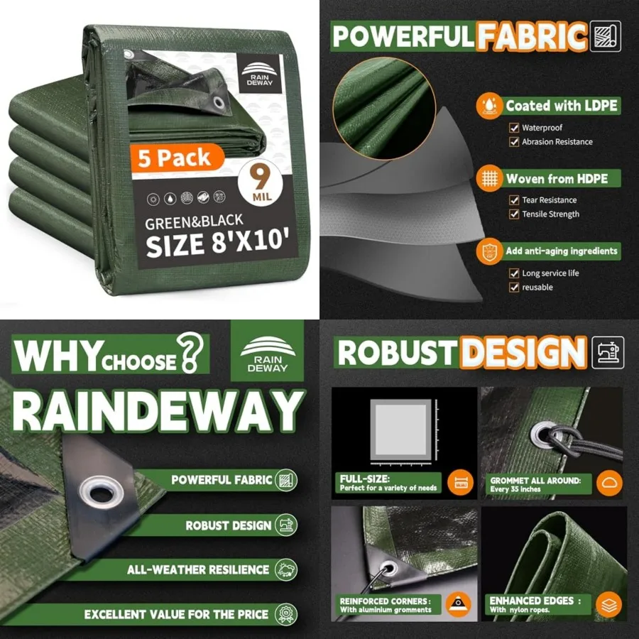 Tarps 5 Pack,Tarp Waterproof, 9Mil Thick Finished Size, Multipurpose Poly Tarp Cover with Metal Grommets and Reinforced Edges,